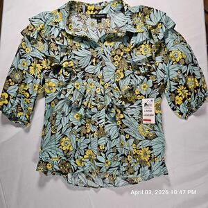 INC International Concepts Floral Ruffle Blouse Women’s Large NWT Button Front